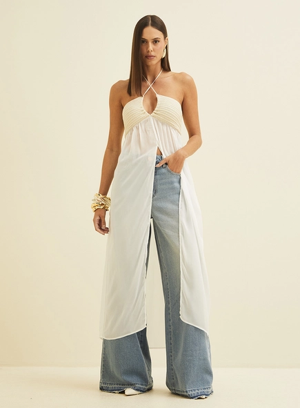 Blusa Longa Com Franzido E Transpasse