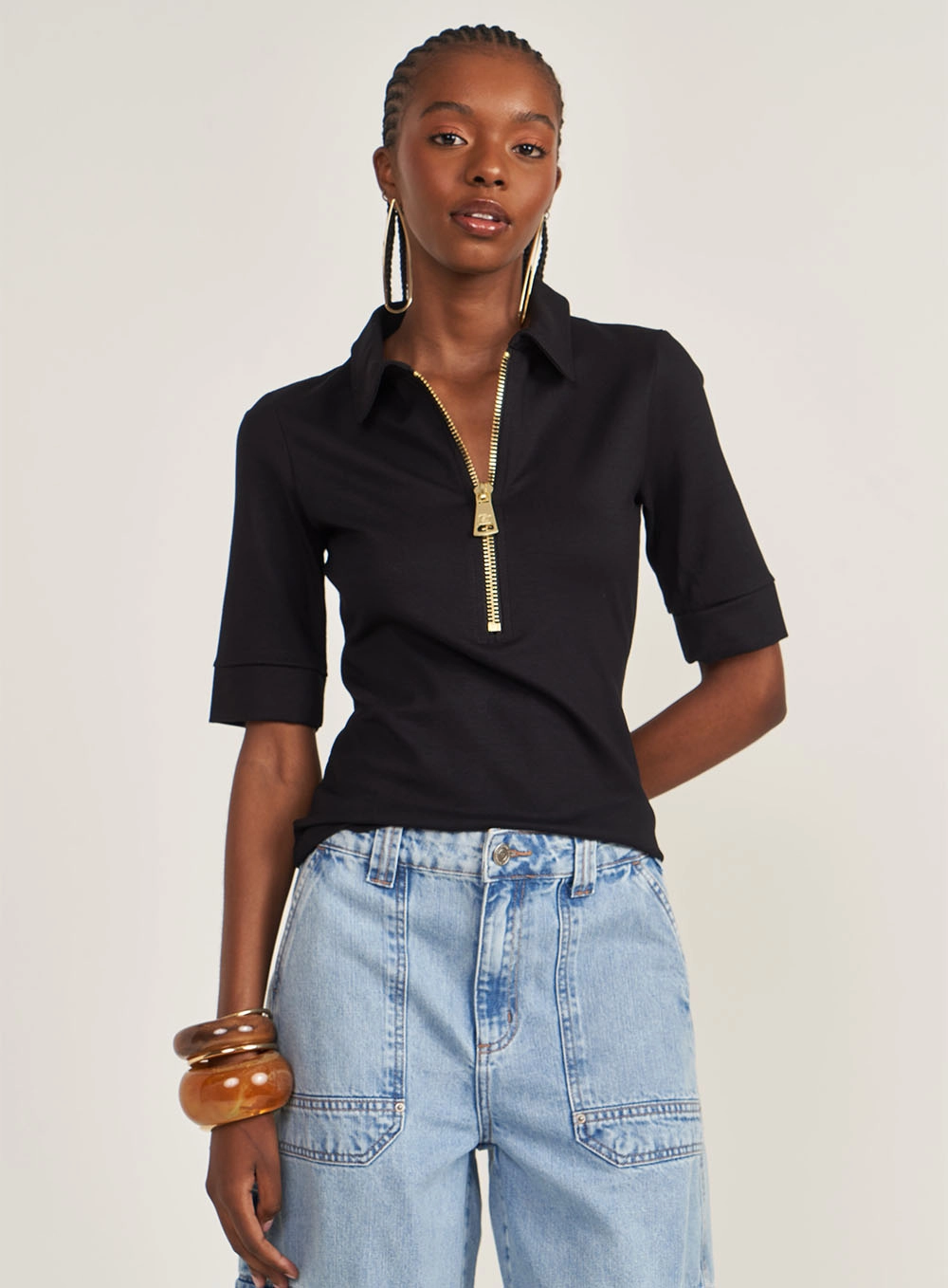 Polo Feminina Slim Com Fecho Em Zíper Preto