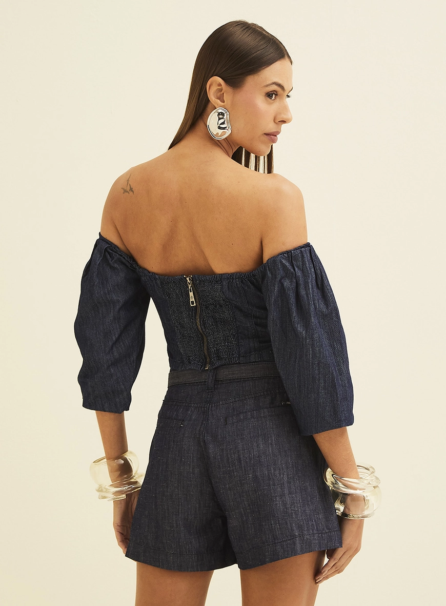 Blusa Jeans Ombro À Ombro Índigo