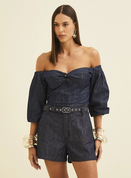 Blusa Jeans Ombro À Ombro
