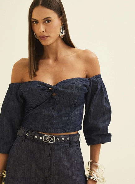 Blusa Jeans Ombro À Ombro