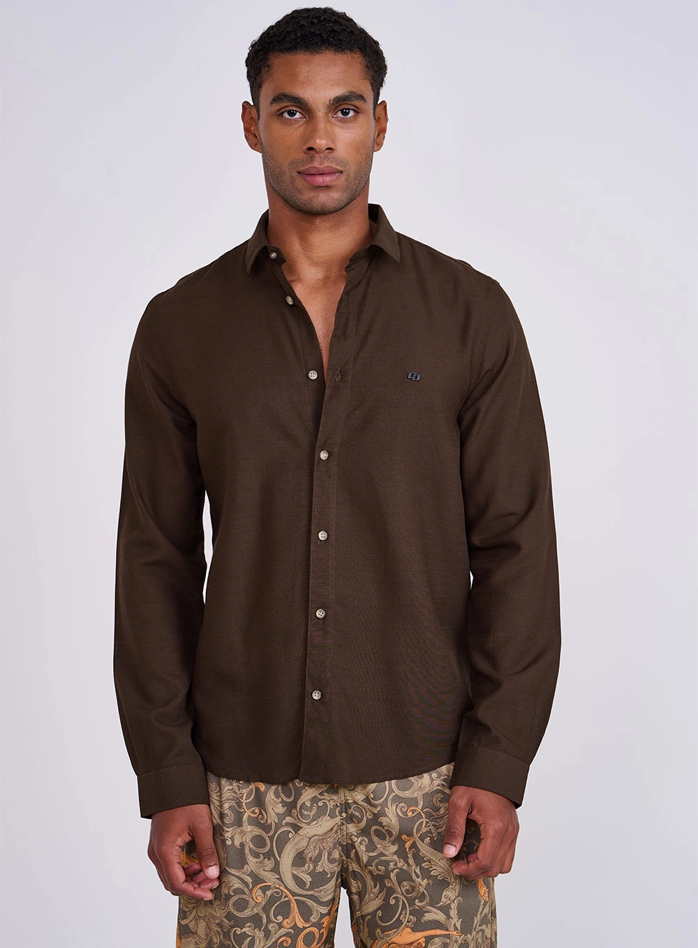 Camisa Masculina Relax Manga Longa Marrom Coconut