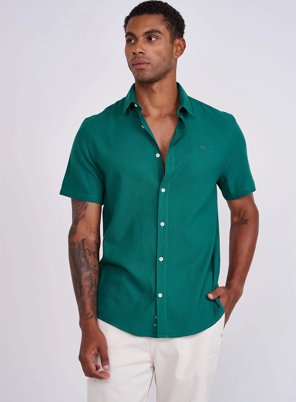 Camisa Manga Curta Abertura Frontal Em Botão Verde