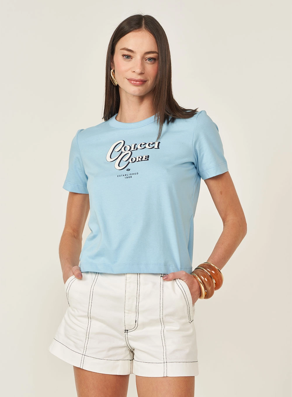 Camiseta Feminina Manga Curta Com Estampa Azul