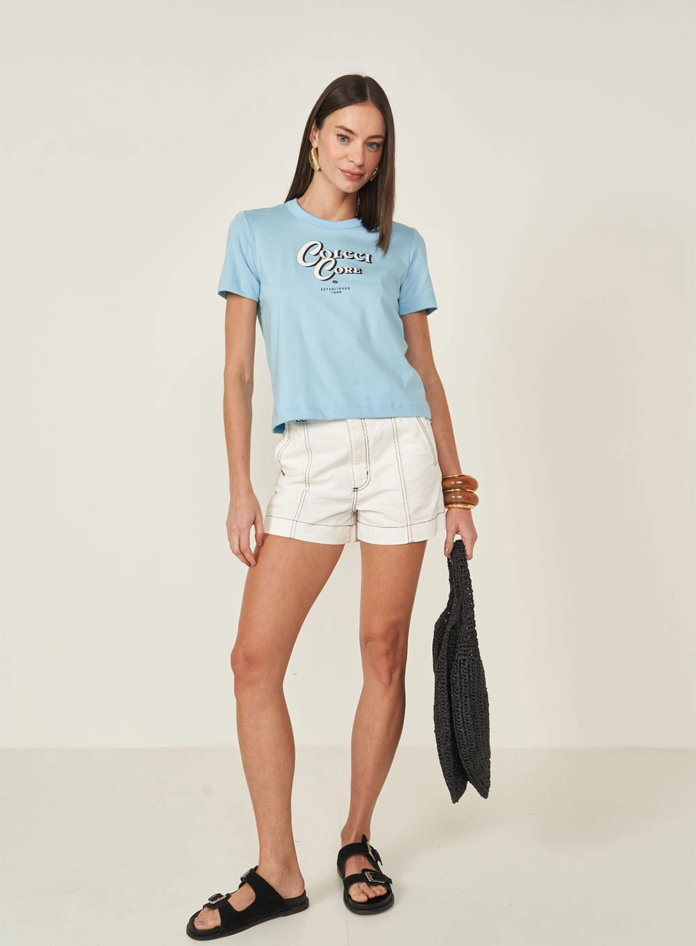 Camiseta Feminina Manga Curta Com Estampa Azul