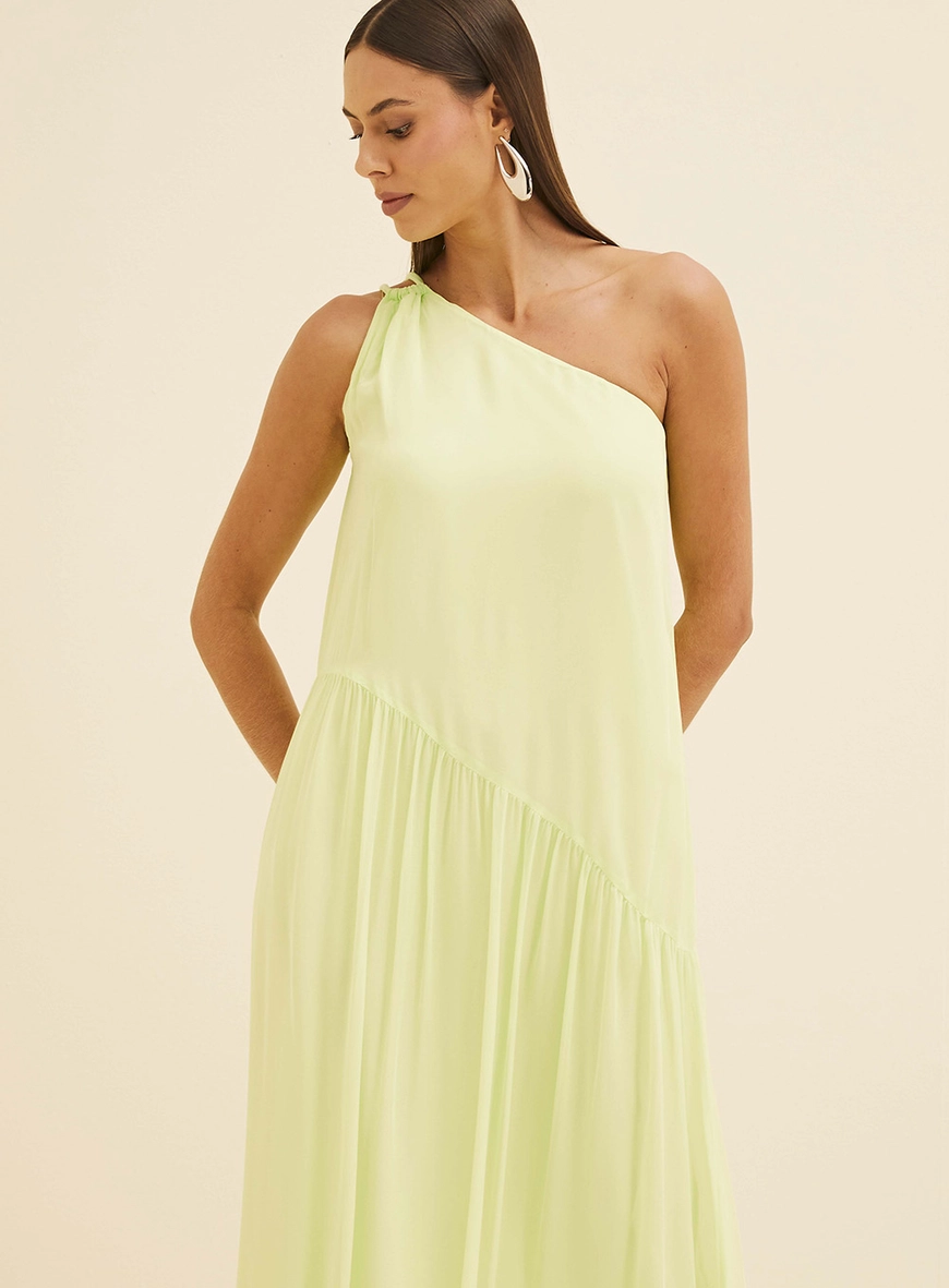 Vestido Midi Amplo Com Franzido Verde