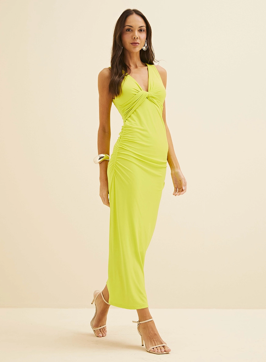 Vestido Midi Justo Com Franzido Amarelo