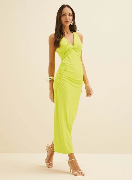 Vestido Midi Justo Com Franzido