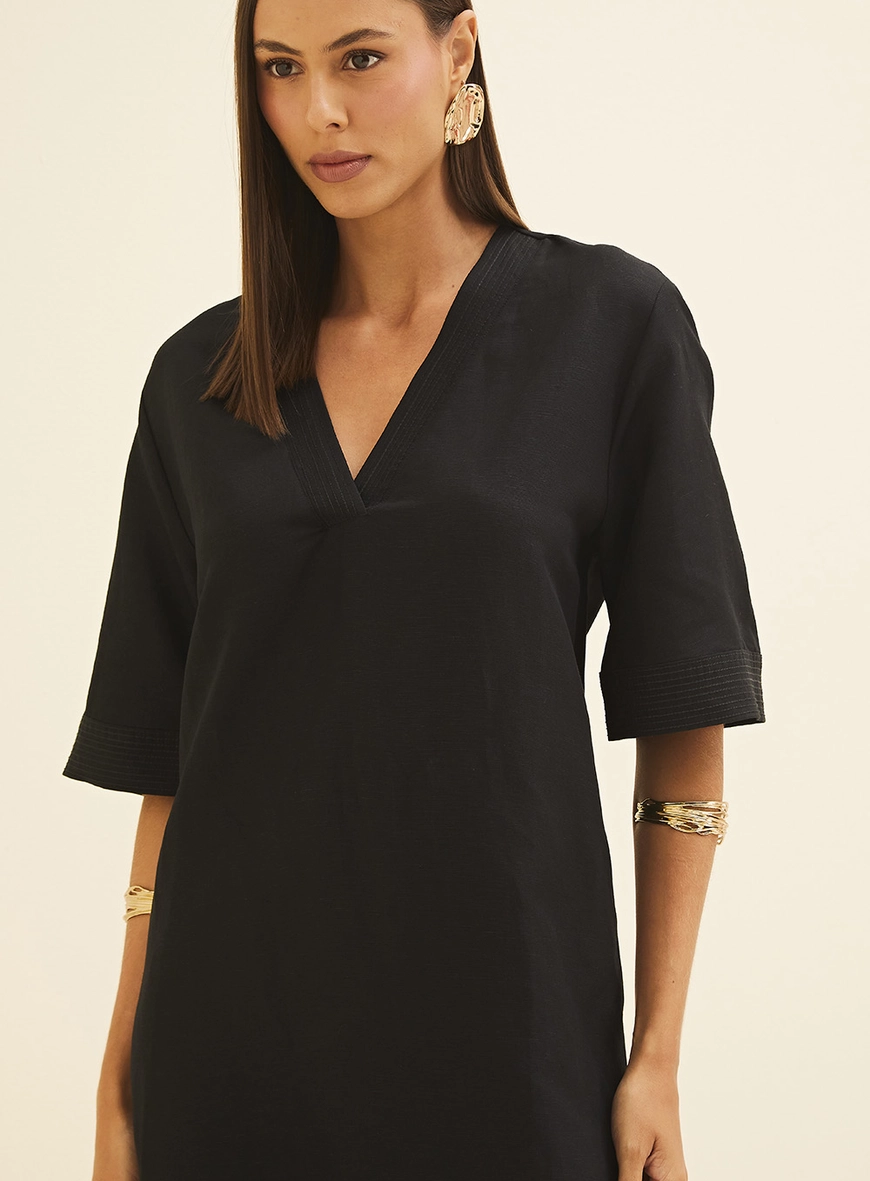 Vestido Em Linho Amplo Preto