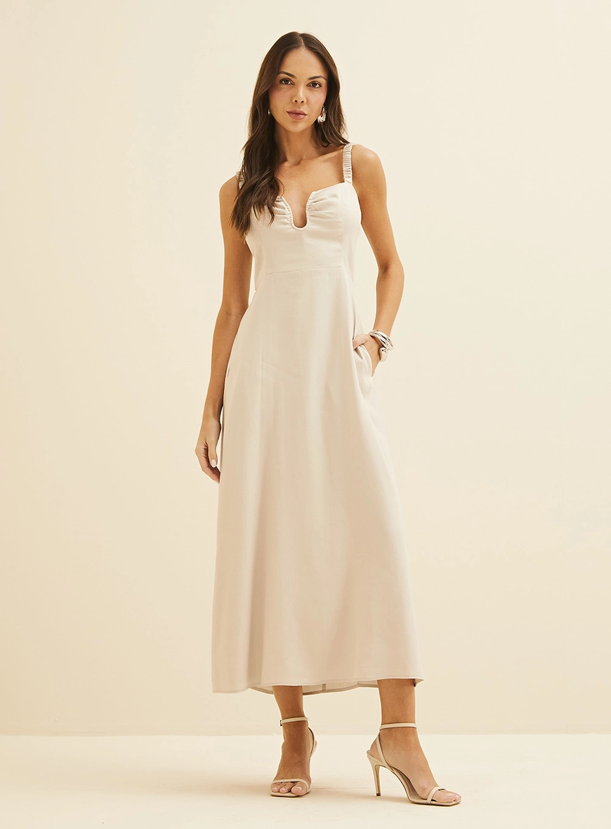 Vestido Midi Amplo Com Lastex Bege Esquilo