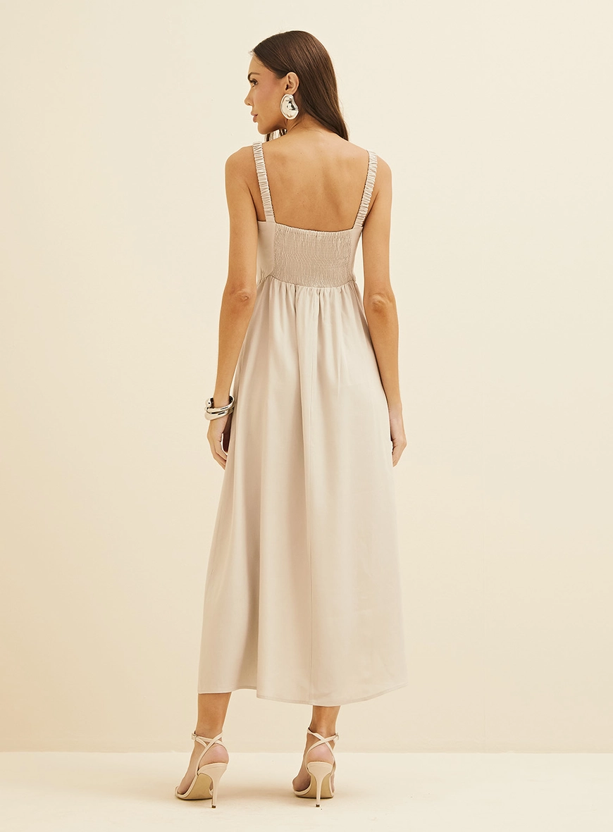 Vestido Midi Amplo Com Lastex Bege Esquilo