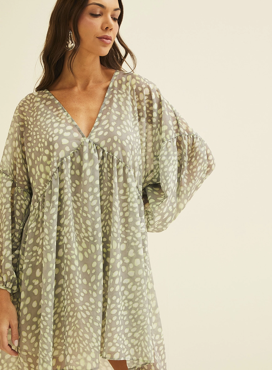 Vestido Amplo Estampado Com Mangas Bufantes Estampados