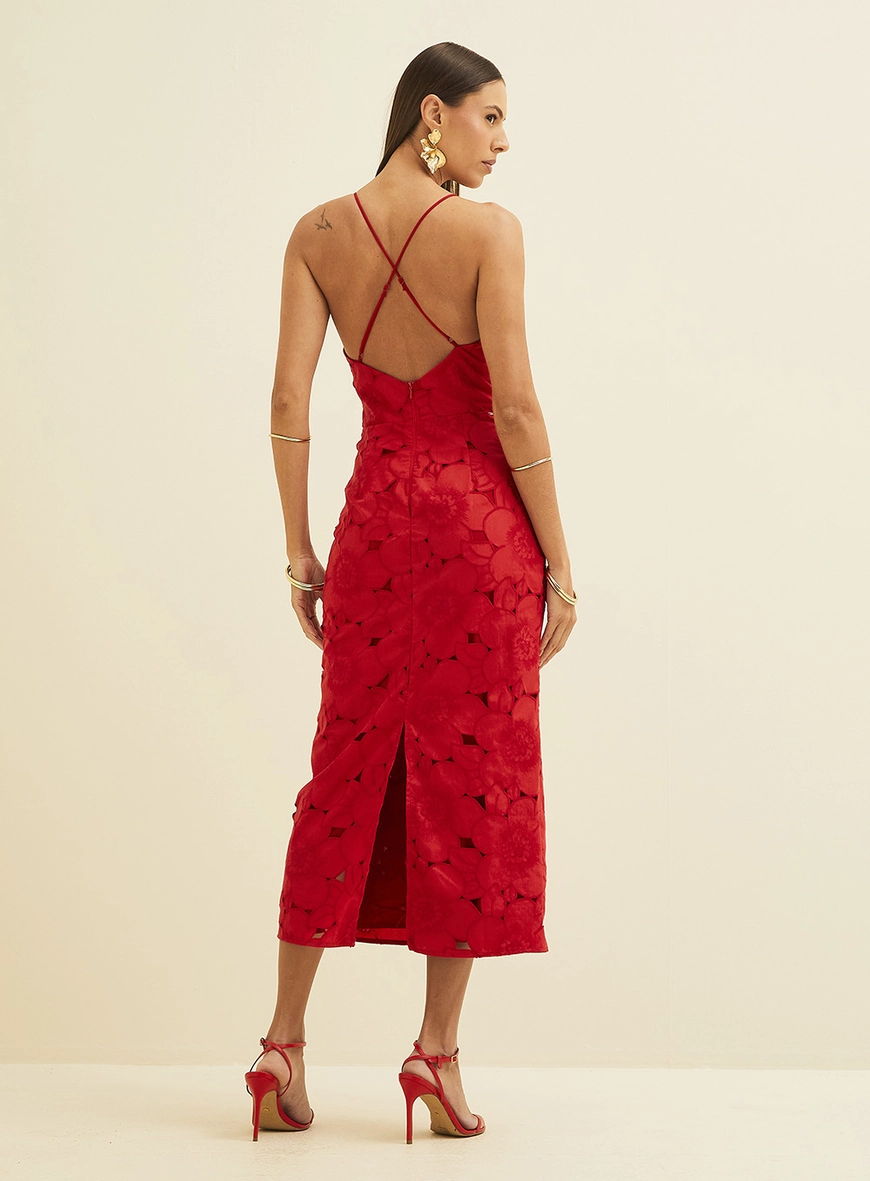 Vestido Midi Com Bordado Vermelho