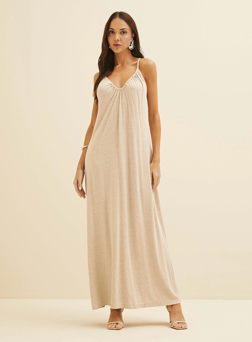 Vestido Longo Amplo Com Detalhe Drapeado Bege