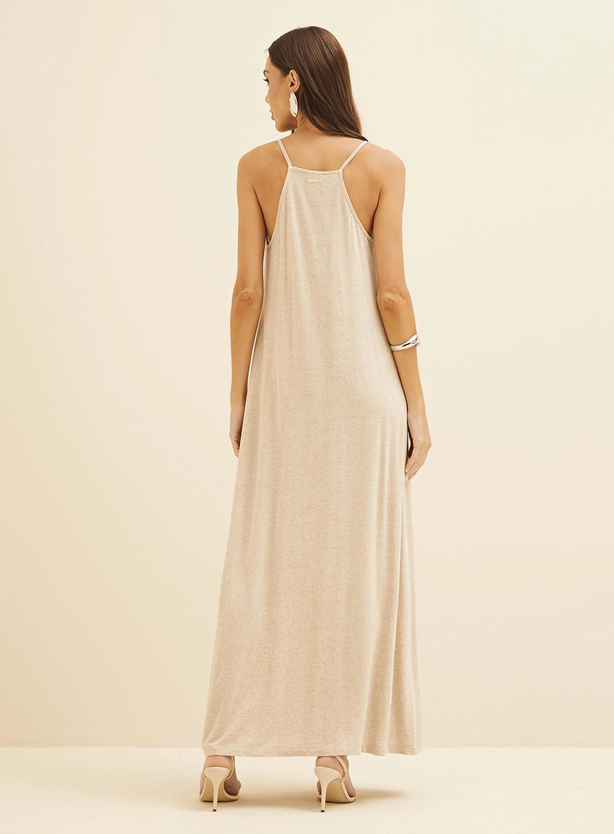 Vestido Longo Amplo Com Detalhe Drapeado Bege