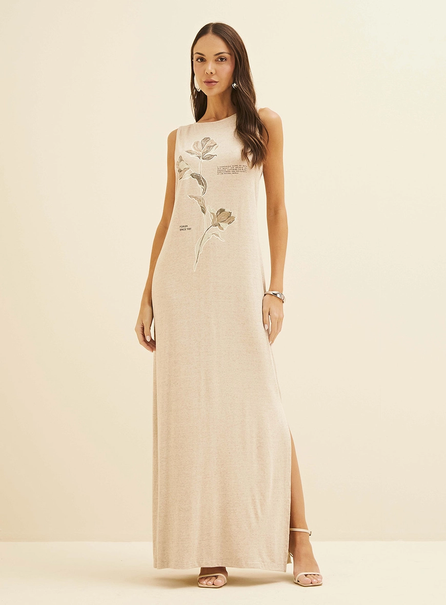 Vestido Em Linho Longo Solto Bege