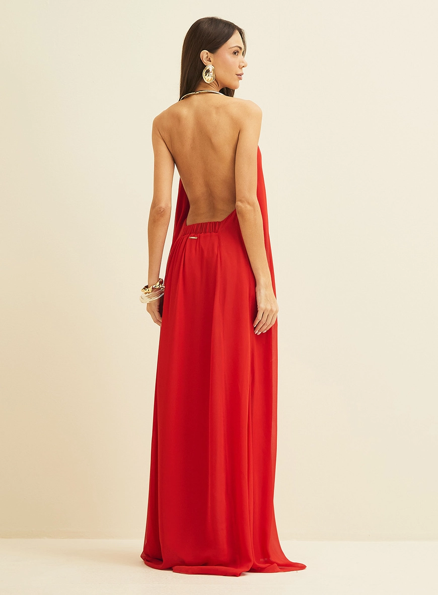 Vestido Longo Frente Única Com Detalhe Em Metal Vermelho