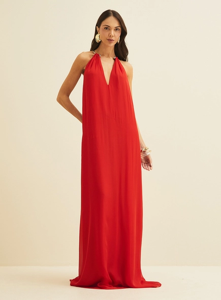Vestido Longo Frente Única Com Detalhe Em Metal