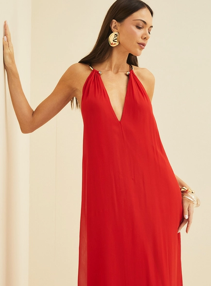 Vestido Longo Frente Única Com Detalhe Em Metal