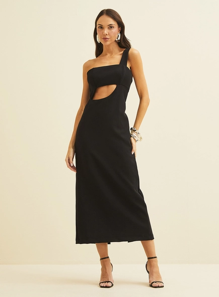 Vestido Midi Justo Com Recorte E Alça Unilateral