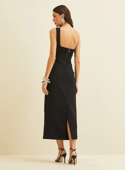 Vestido Midi Justo Com Recorte E Alça Unilateral