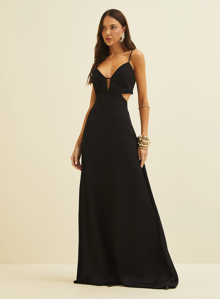 Vestido Longo Acinturado Com Abertura Costas Preto