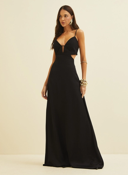 Vestido Longo Acinturado Com Abertura Costas