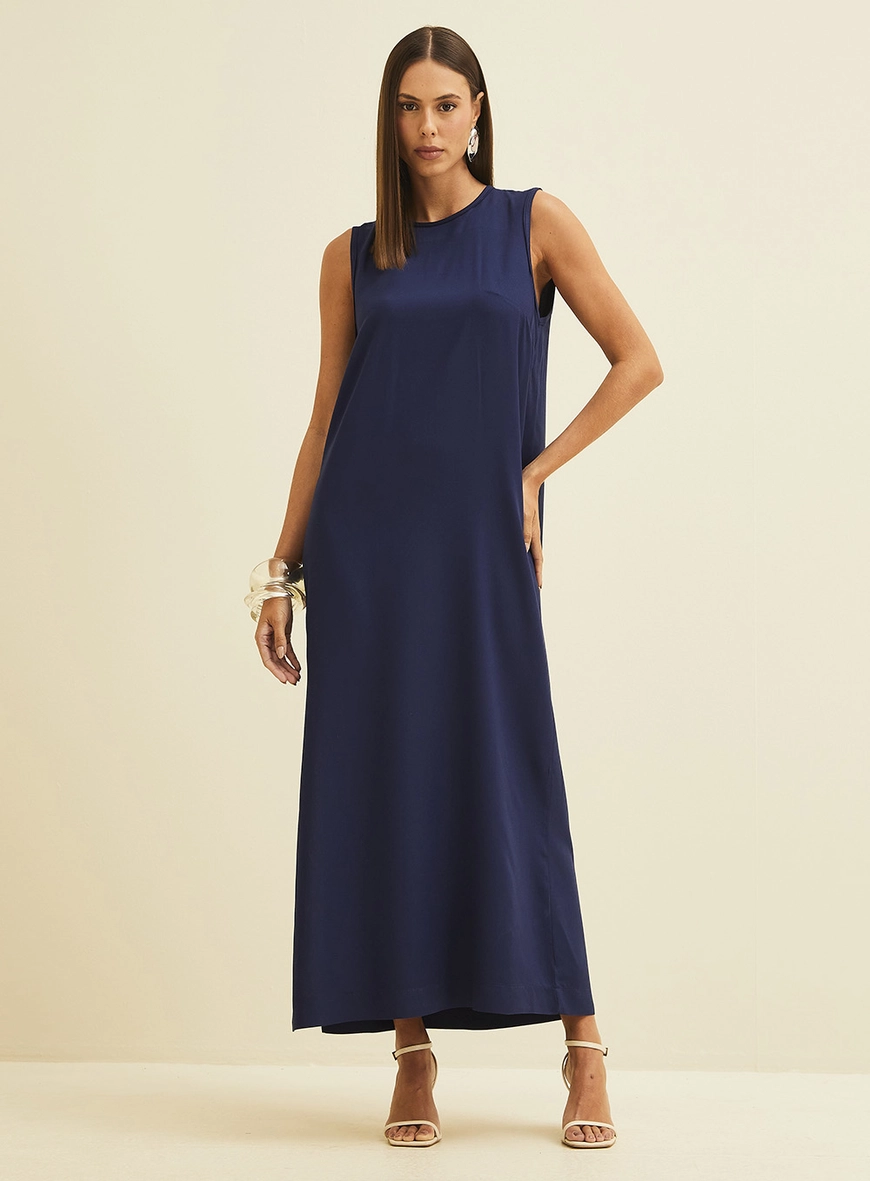 Vestido Midi Reto Com Fenda Lateral Azul