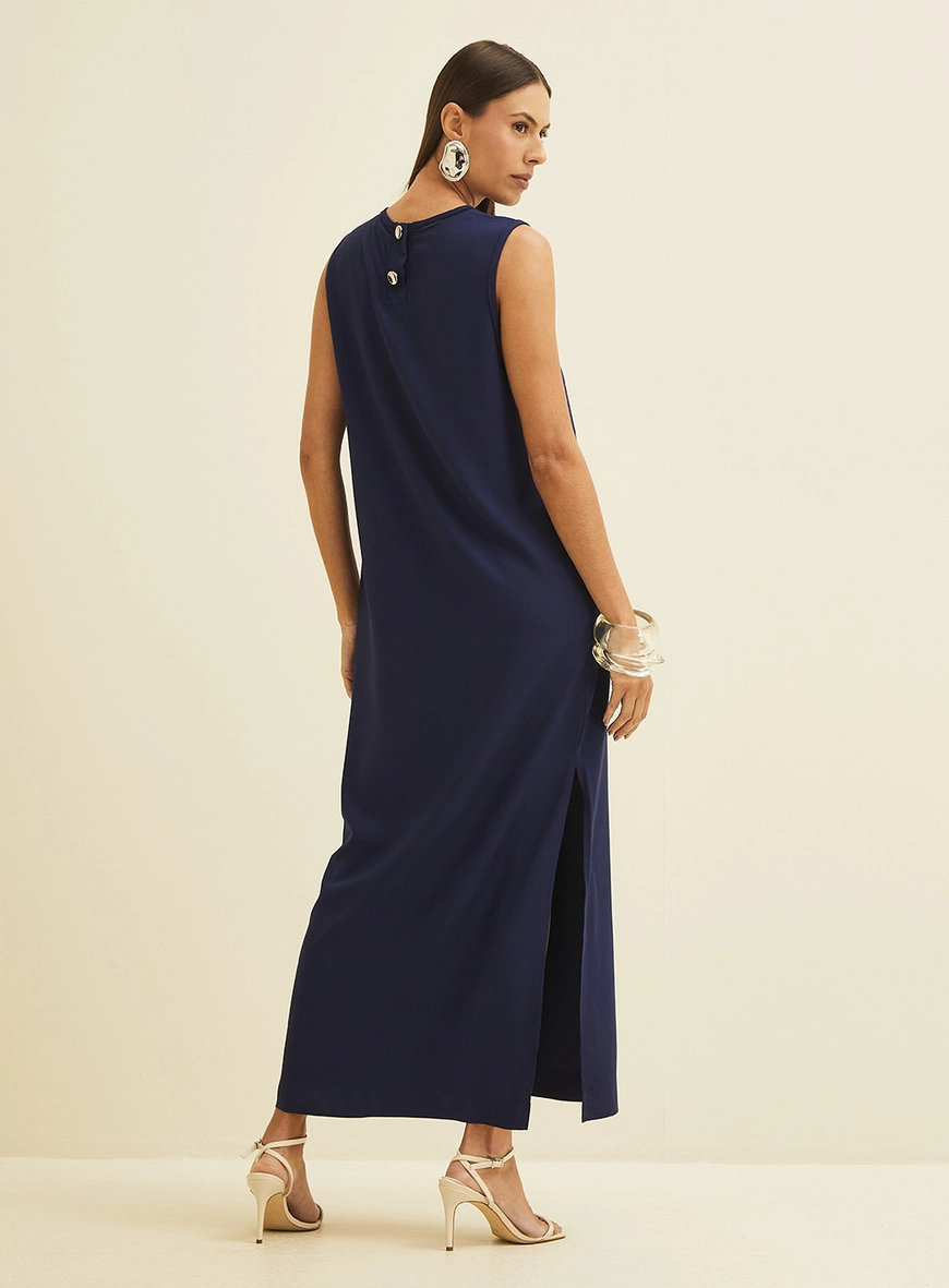 Vestido Midi Reto Com Fenda Lateral Azul