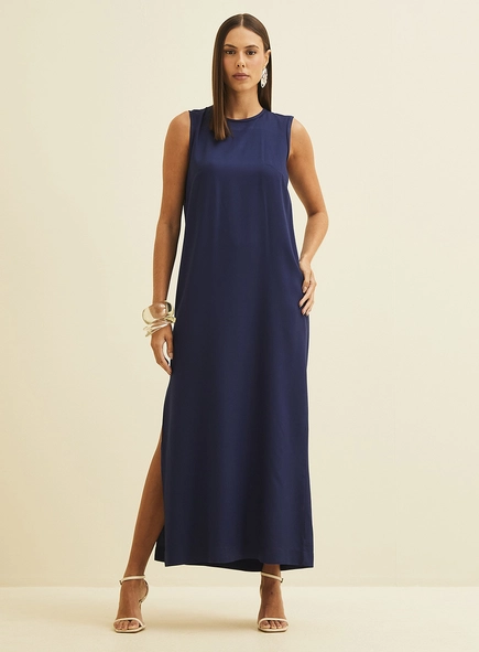 Vestido Midi Reto Com Fenda Lateral