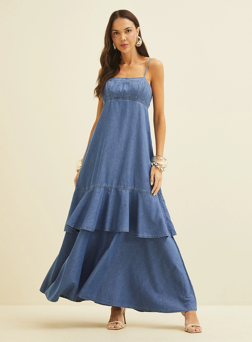 Vestido Longo Jeans Com Babados Índigo