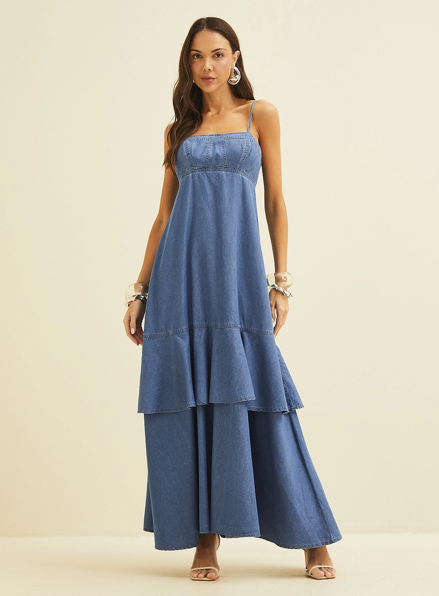 Vestido Longo Jeans Com Babados Índigo