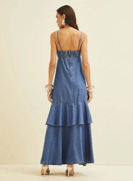 Vestido Longo Jeans Com Babados