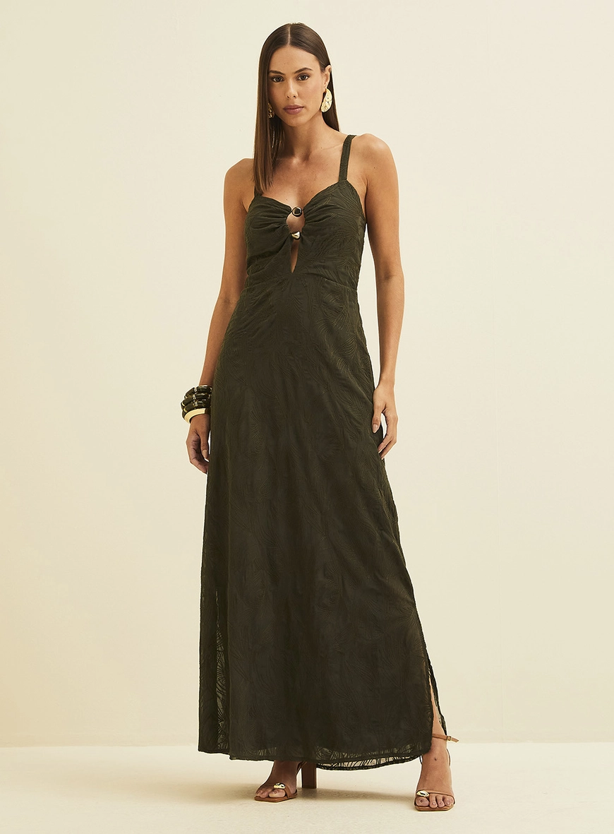 Vestido Longo Acinturado Com Bordado Verde Biosphere