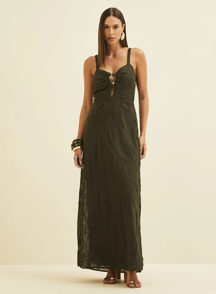 Vestido Longo Acinturado Com Bordado