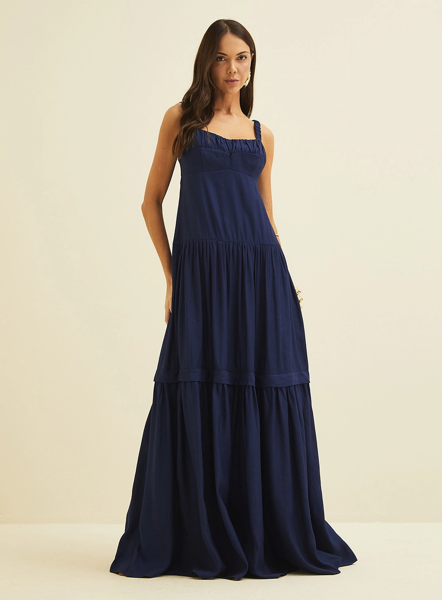 Vestido Longo Evasê Em Linho Azul