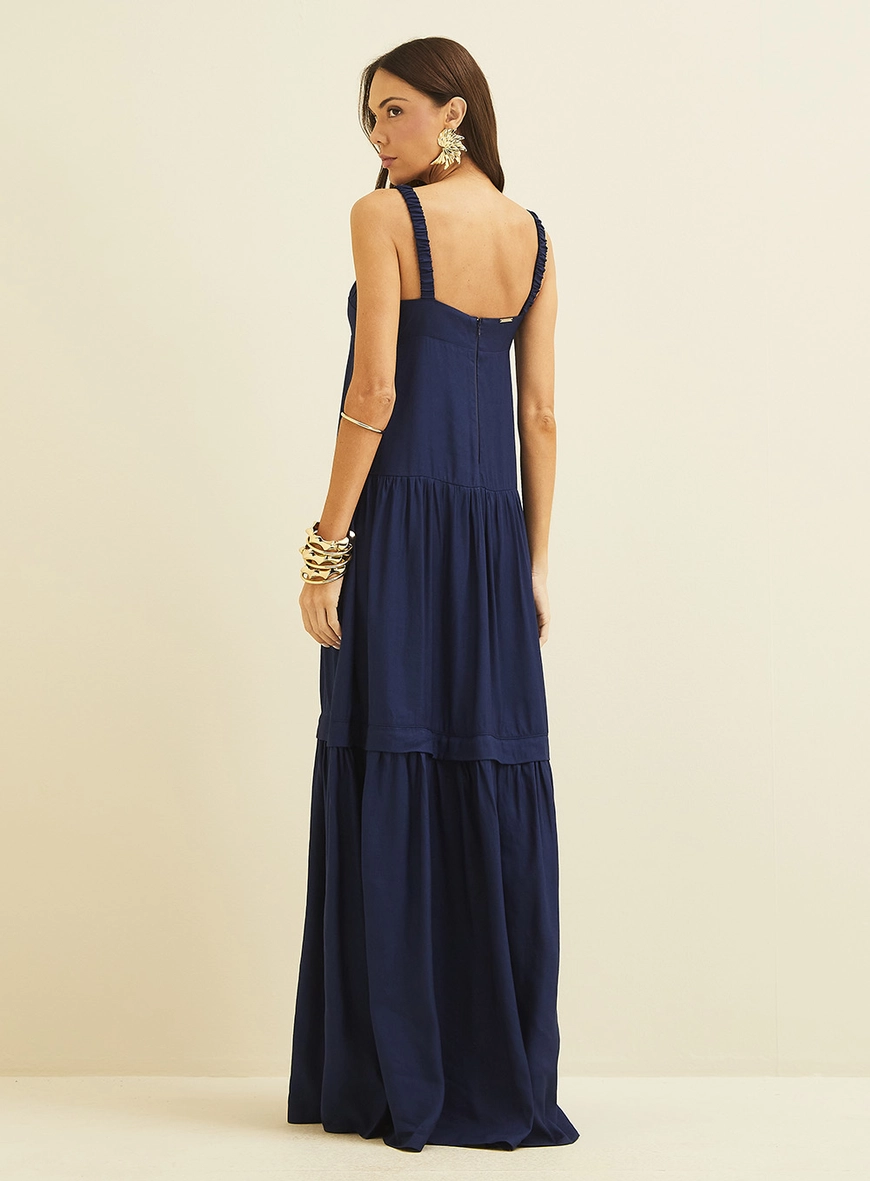 Vestido Longo Evasê Em Linho Azul