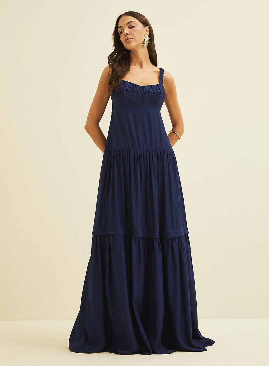 Vestido Longo Evasê Em Linho Azul