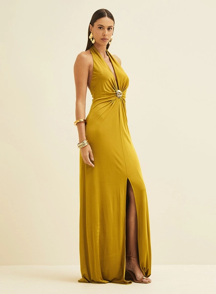 Vestido Longo Frente Única Com Metal E Fenda