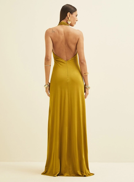 Vestido Longo Frente Única Com Metal E Fenda