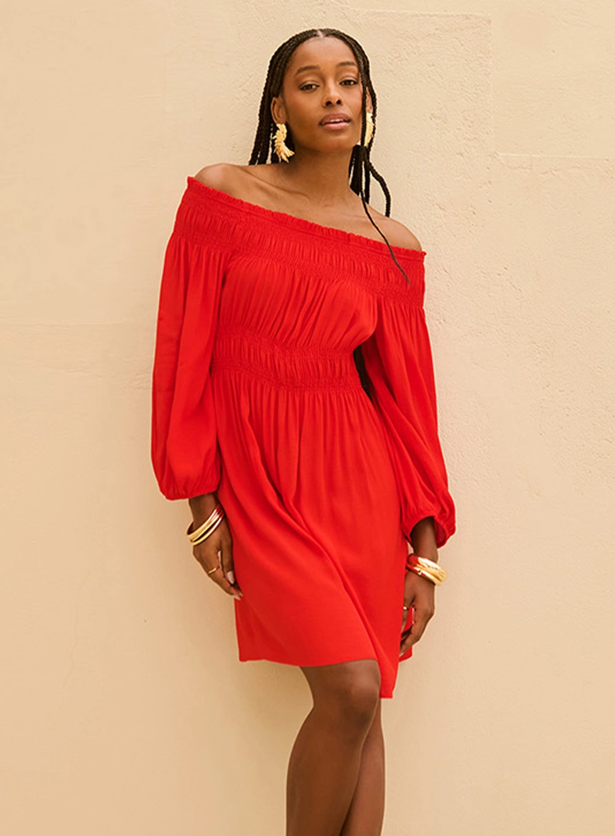 Vestido Amplo Ombro A Ombro Mangas Bufantes Vermelho