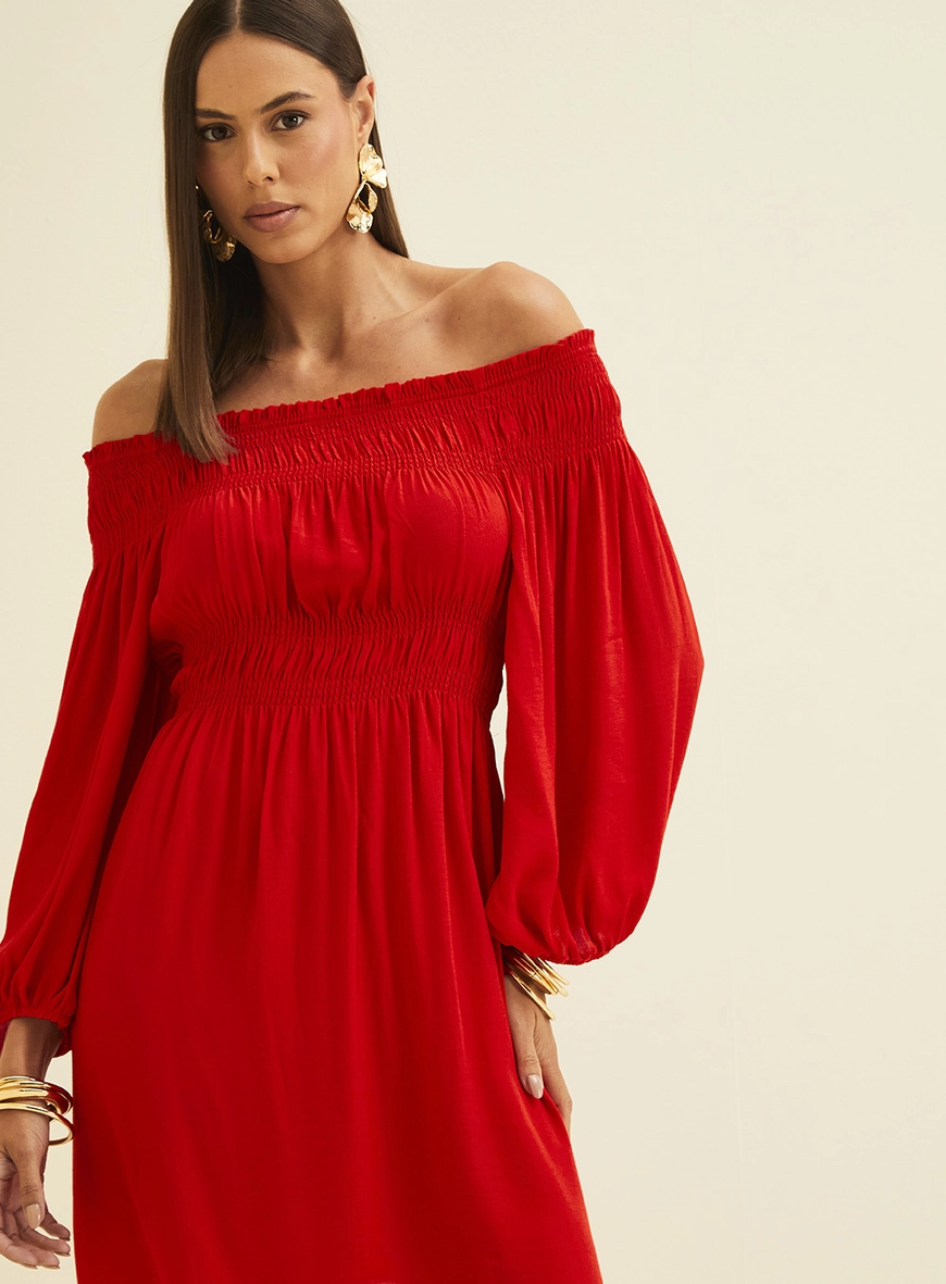 Vestido Amplo Ombro A Ombro Mangas Bufantes Vermelho