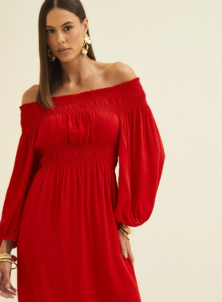 Vestido Amplo Ombro A Ombro Mangas Bufantes