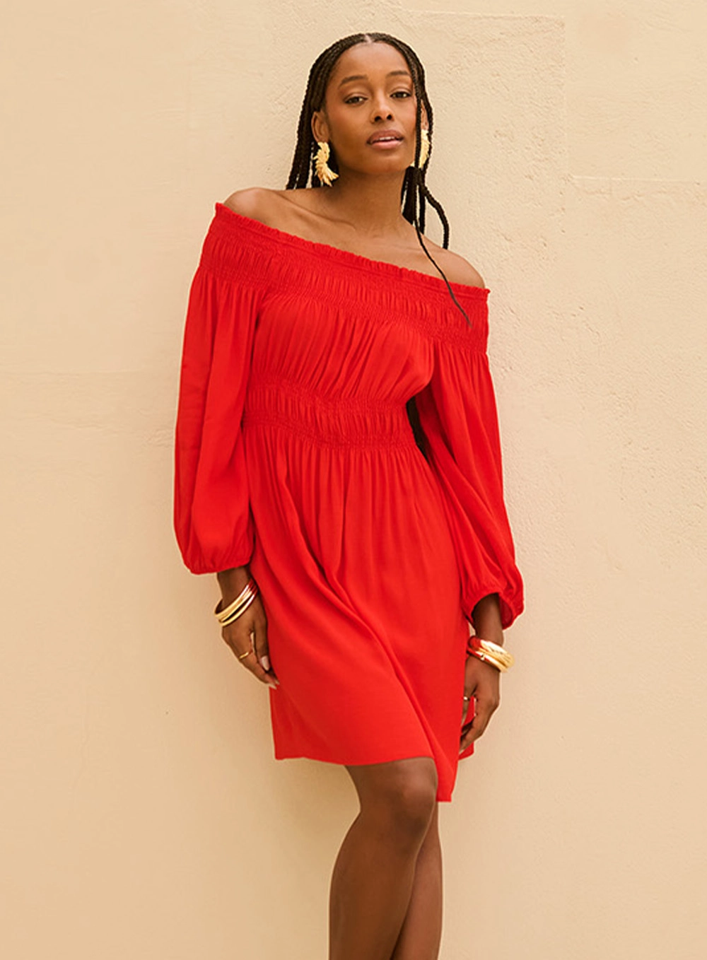 Vestido Amplo Ombro A Ombro Mangas Bufantes Vermelho 2