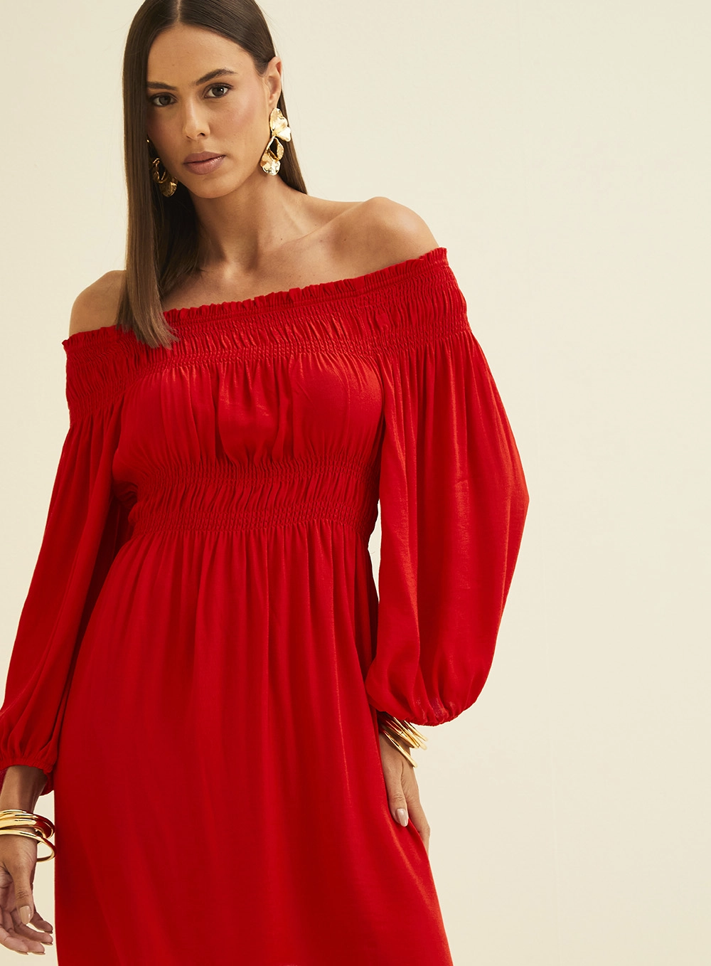 Vestido Amplo Ombro A Ombro Mangas Bufantes Vermelho 3
