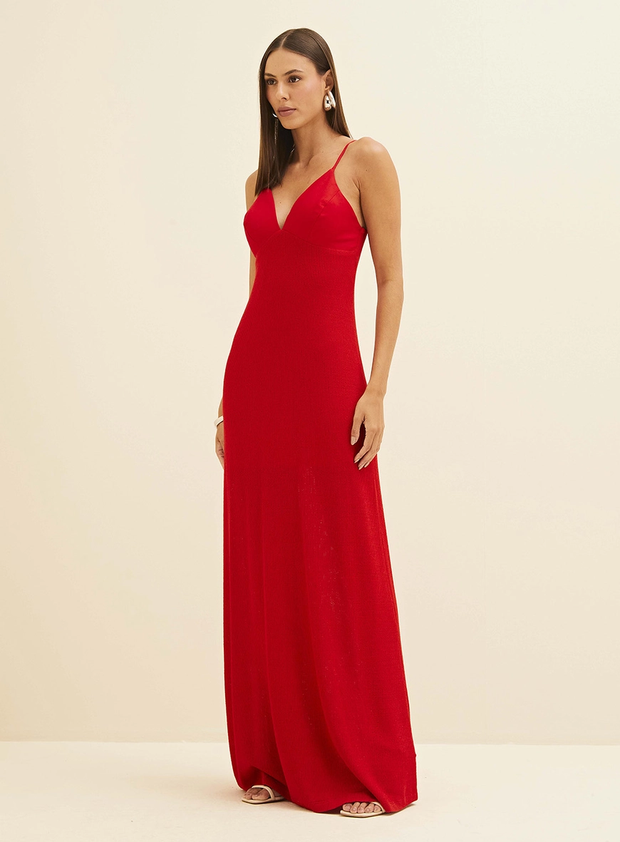 Vestido Longo Canelado Vermelho