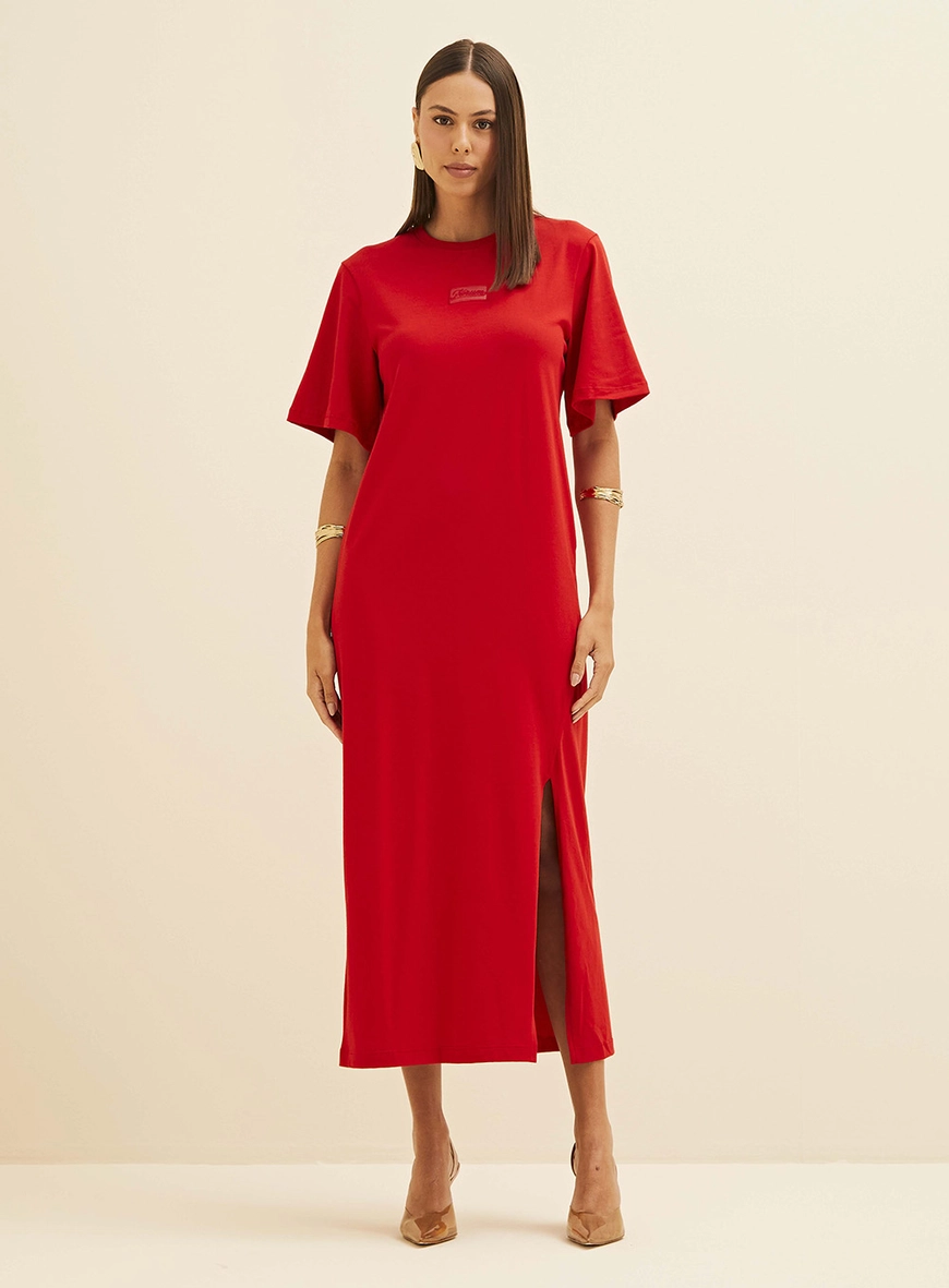 Vestido Midi Com Manga Curta Vermelho