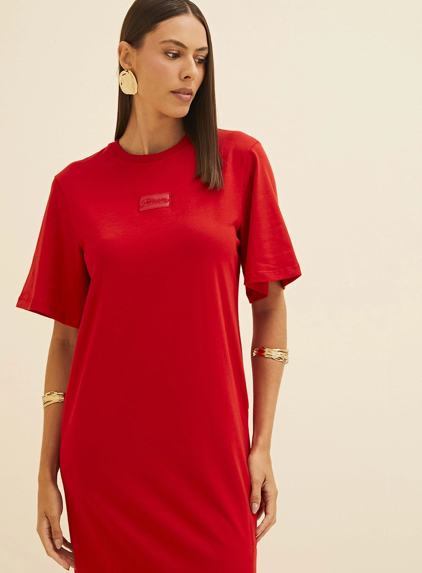 Vestido Midi Com Manga Curta Vermelho