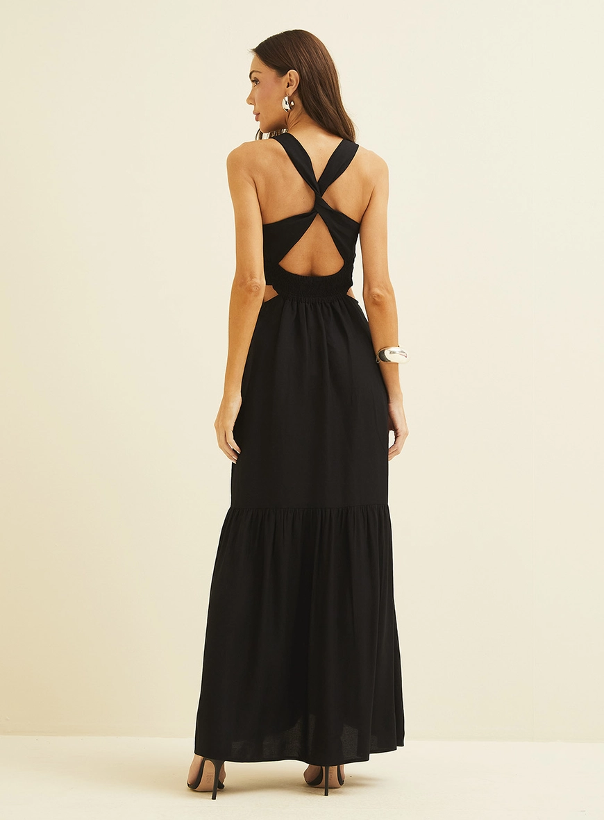 Vestido Estruturada Com Costas Cruzadas E Lastex Preto