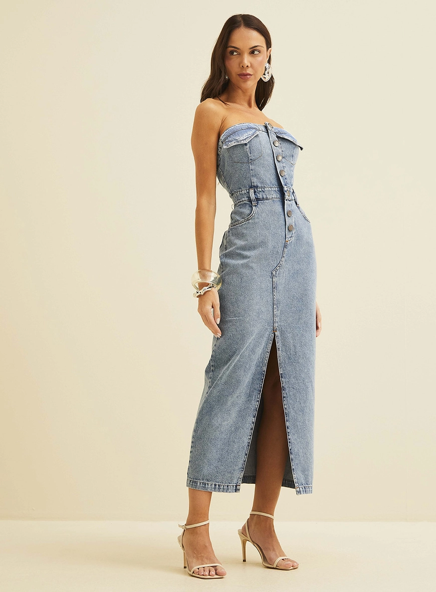 Vestido Midi Justo Sem Alças Índigo